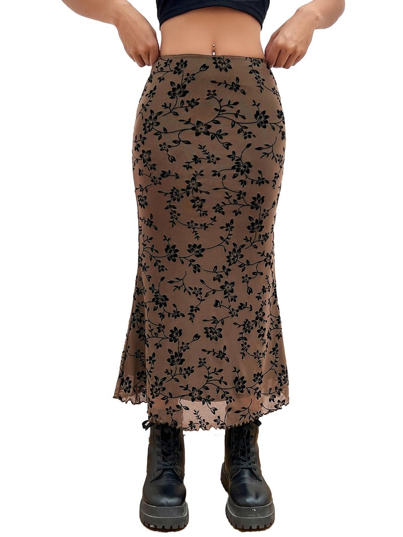 Verdusa Women's High Waisted Mesh Skirt Y2k Outfits Fishtail Bodycon Long Skirts Goth Clothes Brown Floral X-Small - Image 1