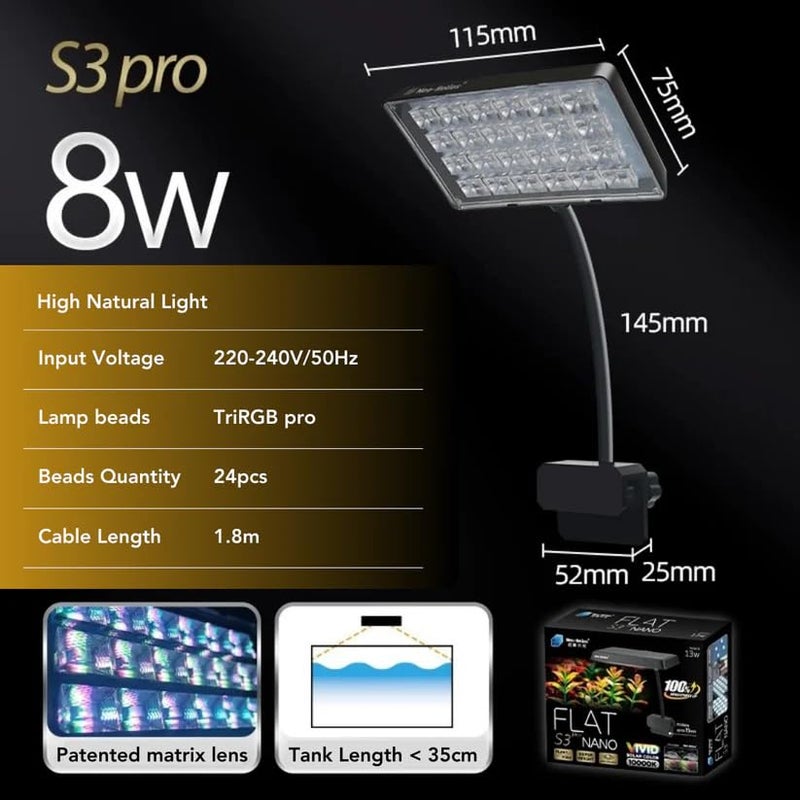 VAYINATO Neohelios Flat Nano S3 Pro (8Watts) High Brightness Vivid Solar Colour 10000K | Clip On Back Planted Aquarium Fish Tank Light by Petzlifeworld - Image 2