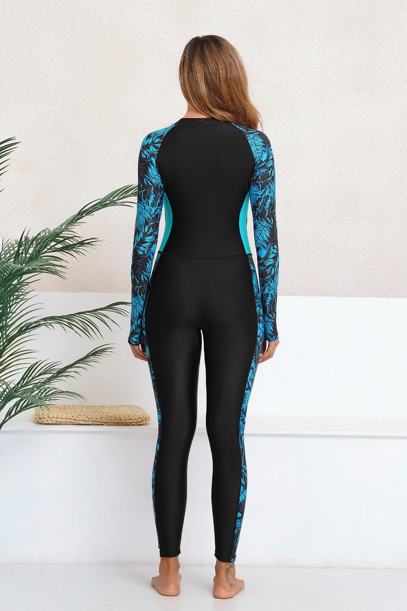 ALLTOKE Womens Full Body Rash Guard with Built in Bra Long Sleeve One Piece Swimsuit UPF50+ Zip Front Bathing Suit Blue Green Leaf M - Image 4