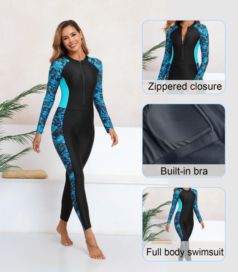 ALLTOKE Womens Full Body Rash Guard with Built in Bra Long Sleeve One Piece Swimsuit UPF50+ Zip Front Bathing Suit Blue Green Leaf M - Image 3