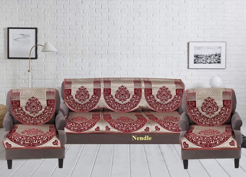 Nendle Damask Design Concept 5 Seater Sofa Covers Set with Cotton & Polyester (Maroon & Golden, Standard Size) - Pack of 6 - Image 2