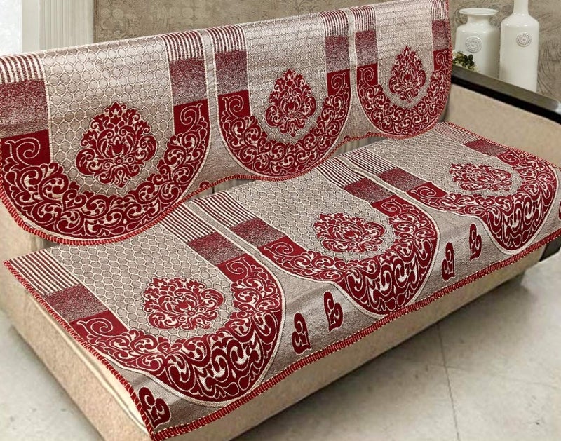 Nendle Damask Design Concept 5 Seater Sofa Covers Set with Cotton & Polyester (Maroon & Golden, Standard Size) - Pack of 6 - Image 1