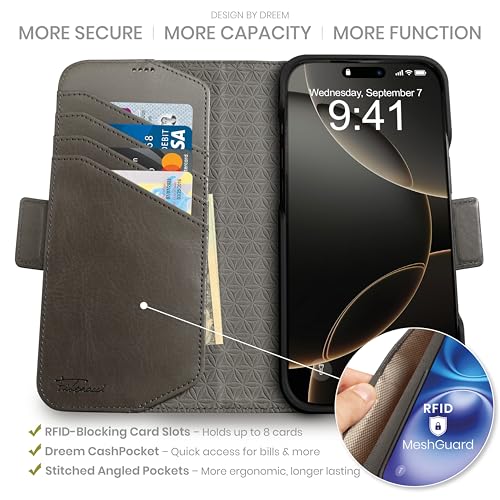 Dreem Wallet Case for iPhone 16 Pro Max Revolutionary VertHor Phone Stand Magnetic Detachable Vegan Leather Flip Cover RFID Blocking Card Holder MagSafeFit Gift Box Fibonacci Grey - Image 3