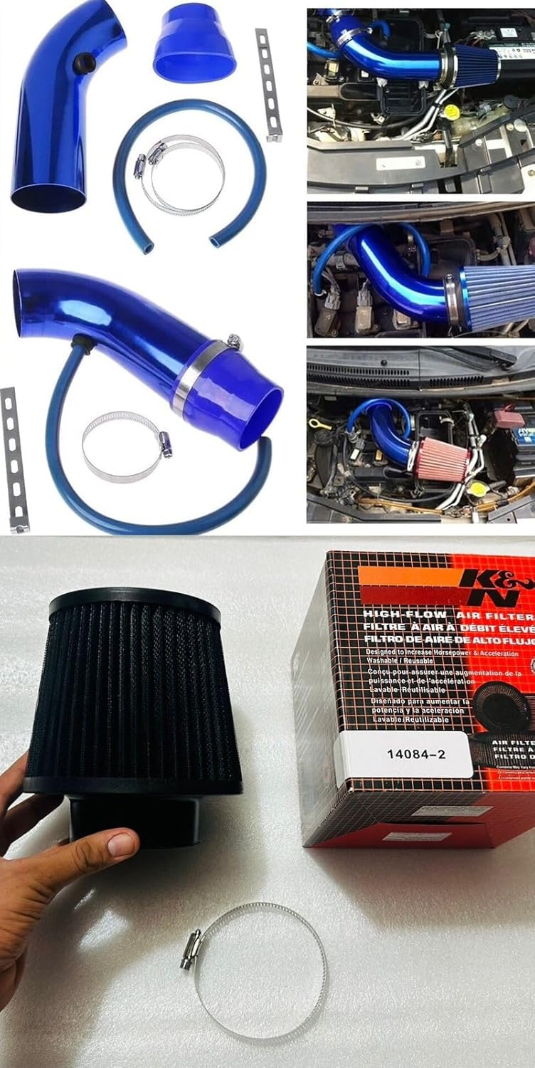 AUTO MT K N CAR AIR FILTER + Cold Air Intake Pipe 3Inch Universal Performance Car Turbo Filter Aluminum Air Filter Induction Flow Hose Pipe Kit (BLU Cold Air Intake Pipe + K N AIR FILTER) - Image 1