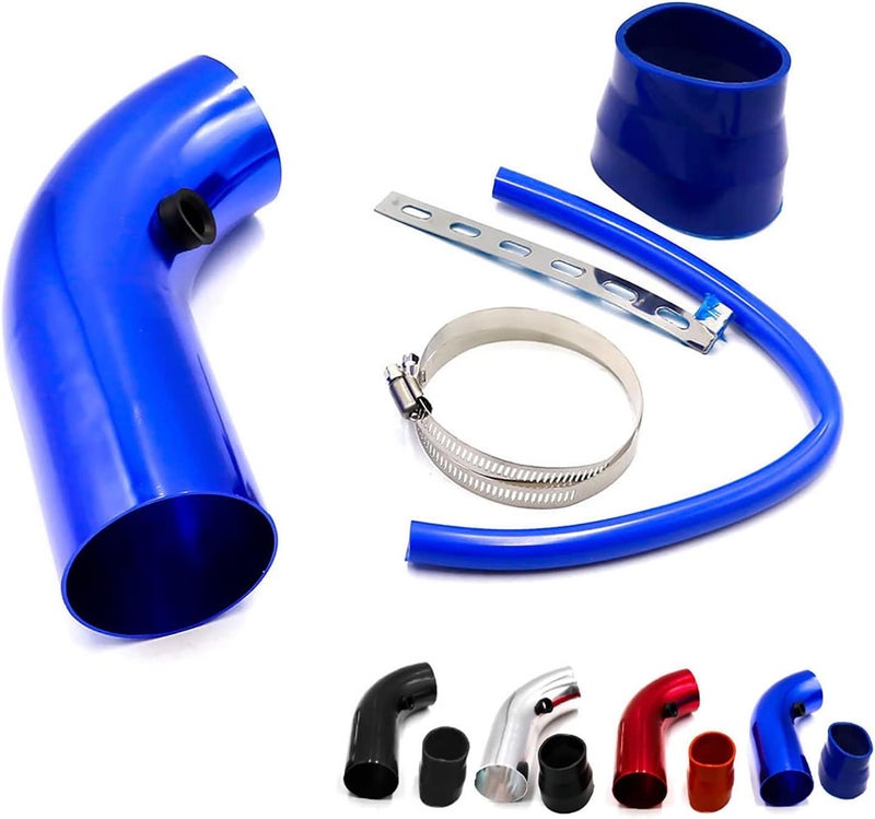 AUTO MT فلتر هواء السيارة K N + أنبوب سحب هواء بارد 3 إنش عالمي لأداء السيارة فلتر توربو من الألمنيوم مجموعة أنبوب تدفق الهواء (أنبوب سحب هواء بارد BLU + فلتر هواء K N) - Image 1