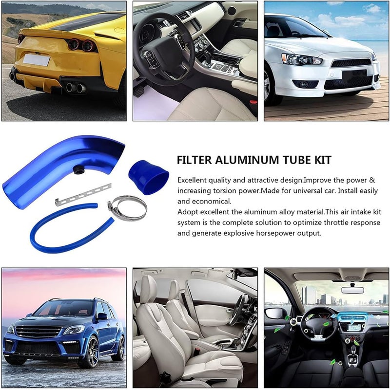 AUTO MT فلتر هواء السيارة K N + أنبوب سحب هواء بارد 3 إنش عالمي لأداء السيارة فلتر توربو من الألمنيوم مجموعة أنبوب تدفق الهواء (أنبوب سحب هواء بارد BLU + فلتر هواء K N) - Image 2