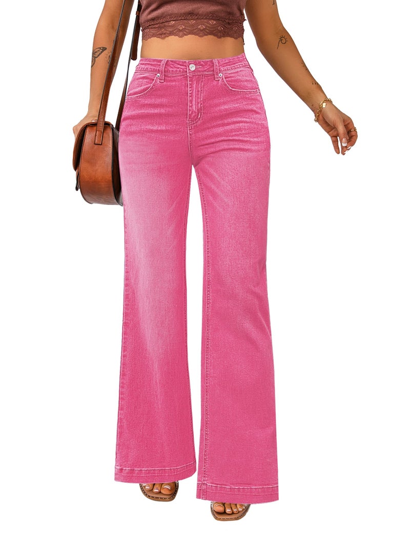 Luvamia 2024 Wide Leg Jeans for Women High Waist Stretchy Classic Baggy Flare Jeans Denim Pants Hot Pink Size Medium US Size 8 to 10 - Image 1