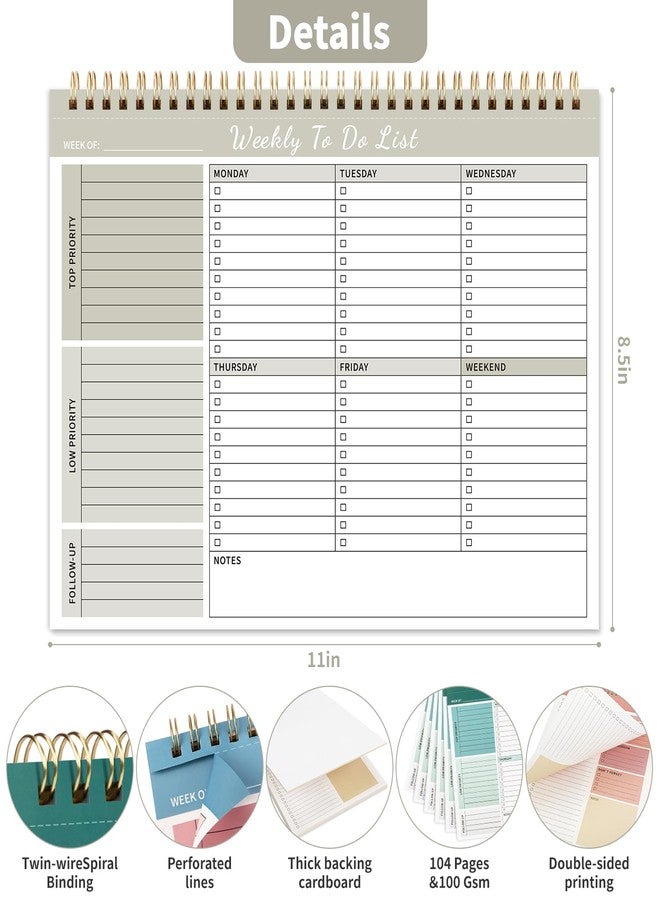 ALKALO Weekly To Do List Notepad, 52 Undated Sheets （8.5"×11") Duplex-printed Daily Planner For Work Home School Office Desk Accessories Supplies & Goal Setting Tasks - Beige - Image 3