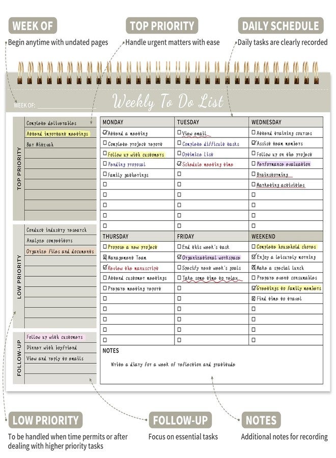 ALKALO Weekly To Do List Notepad, 52 Undated Sheets （8.5"×11") Duplex-printed Daily Planner For Work Home School Office Desk Accessories Supplies & Goal Setting Tasks - Beige - Image 2