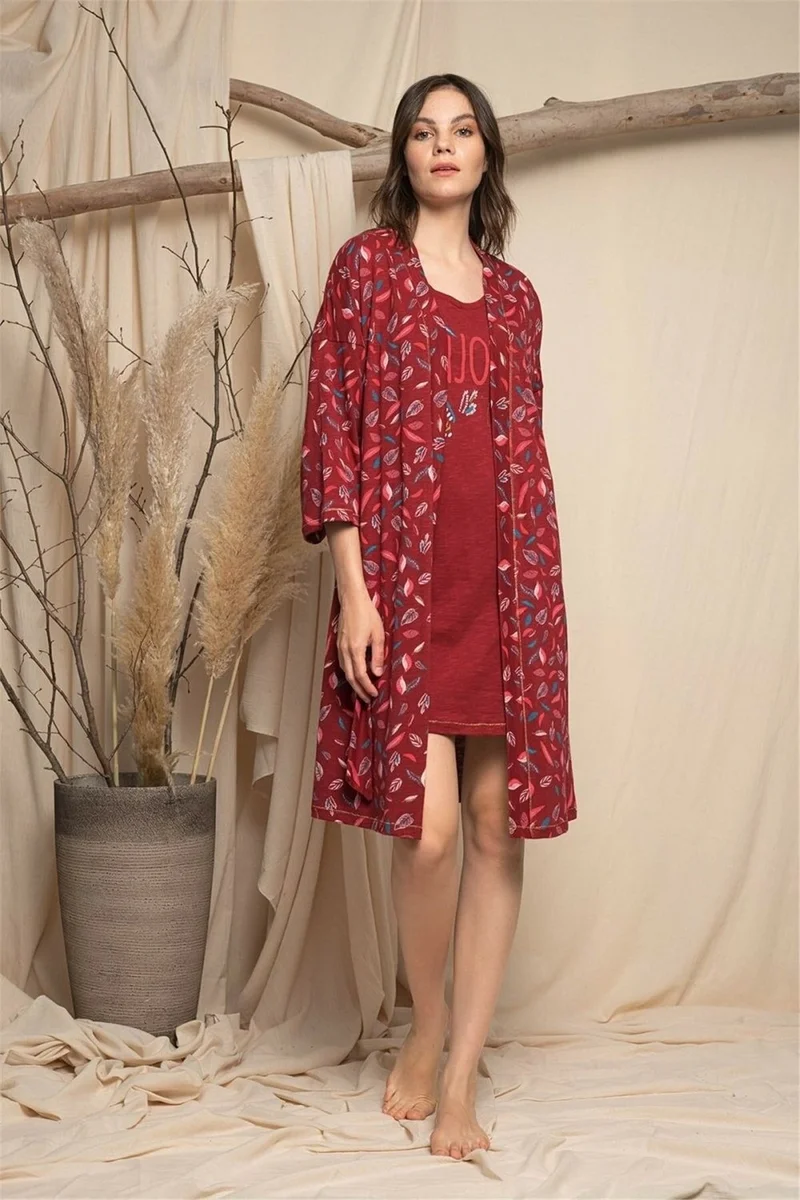موناميسي 20110 100% Cotton Nightgown Dressing Suit-Burgundy