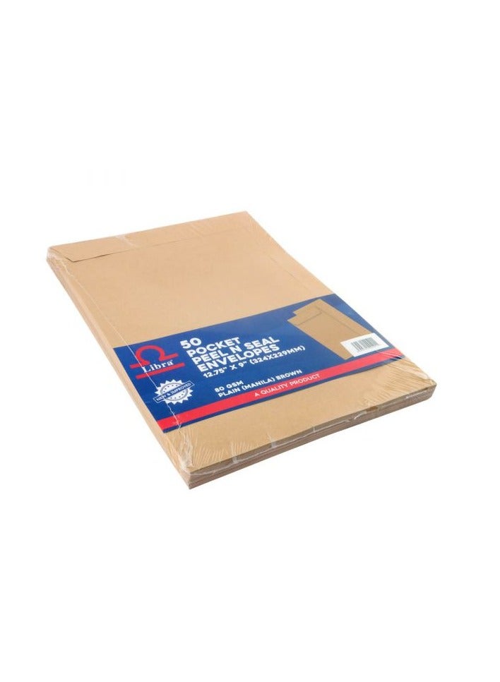 Libra 50 Pocket Peel N Seal Envelopes 12.75" x 9"(324x229mm) 80 GSM Plain (MANILA) Brown - Image 1