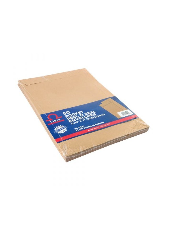 Libra 50 Pocket Peel N Seal Envelopes 12.75" x 9"(324x229mm) 80 GSM Plain (MANILA) Brown - Image 2