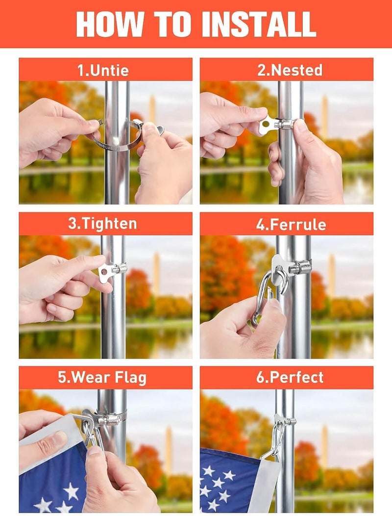 Vomika Reliable daily use design Flagpole Rings with Carabiner Clamp, 4PCS Stainless Steel Flag Pole Clip Bracket, 0.75-1.2 Inches Adjustable Diameter for Garden, Boat, Yacht, Truck, ATV, Outside House Stain resistant - Image 4