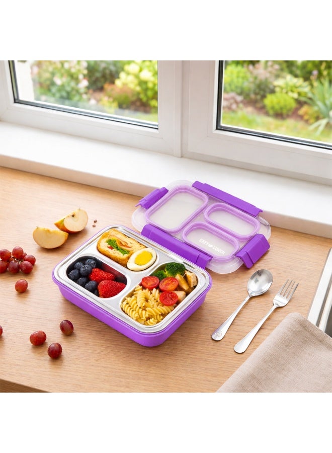 Eazy Kids صندوق غداء مخصص للأطفال من إيزى كيدز ستانلس ستيل 710 مل، صندوق بنتو ثلاثي الأقسام مقاوم للتسرب للأطفال - بنفسجي - Image 4