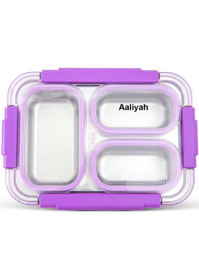 إيزي كيدز Eazy Kids Personalized Stainless Steel Lunch Box 710ml, 3 Compartment Leakproof Bento Box for Kids- Purple