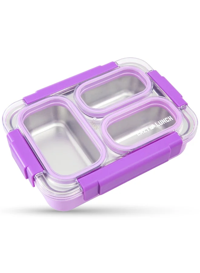 إيزي كيدز Eazy Kids Personalized Stainless Steel Lunch Box 710ml, 3 Compartment Leakproof Bento Box for Kids- Purple