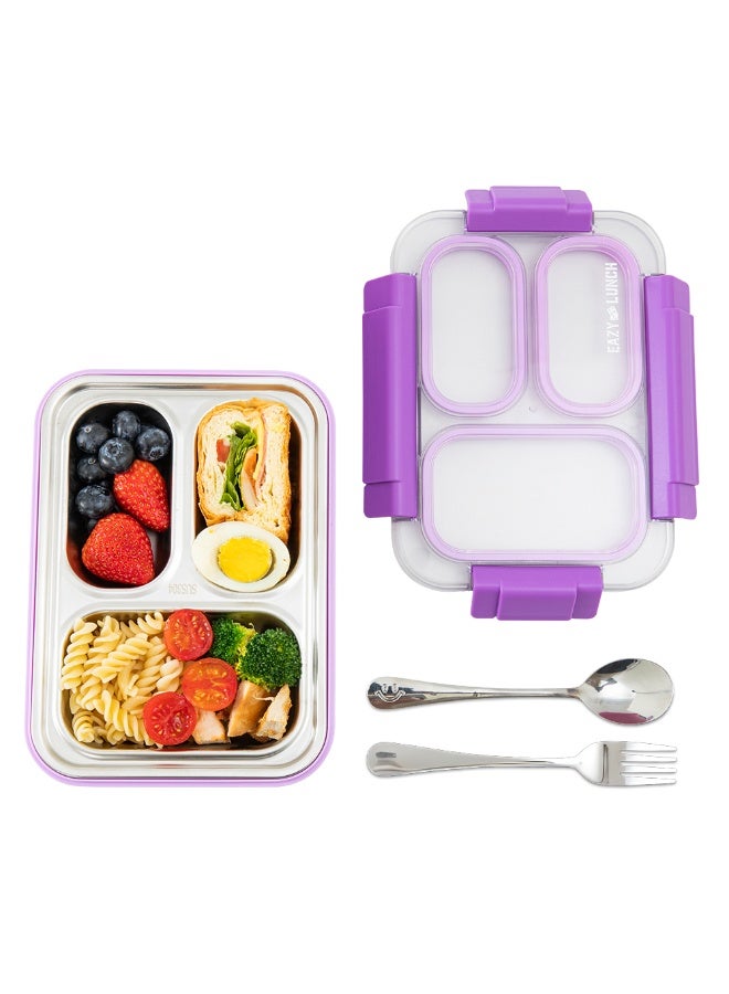 Eazy Kids صندوق غداء مخصص للأطفال من إيزى كيدز ستانلس ستيل 710 مل، صندوق بنتو ثلاثي الأقسام مقاوم للتسرب للأطفال - بنفسجي - Image 5