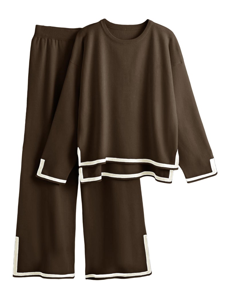 Tanming Women's 2 Piece Outfits Long Sleeve Knit Sweater Top Wide Leg Pants Lounge Sets Tracksuits(Coffee-XL) - Image 1