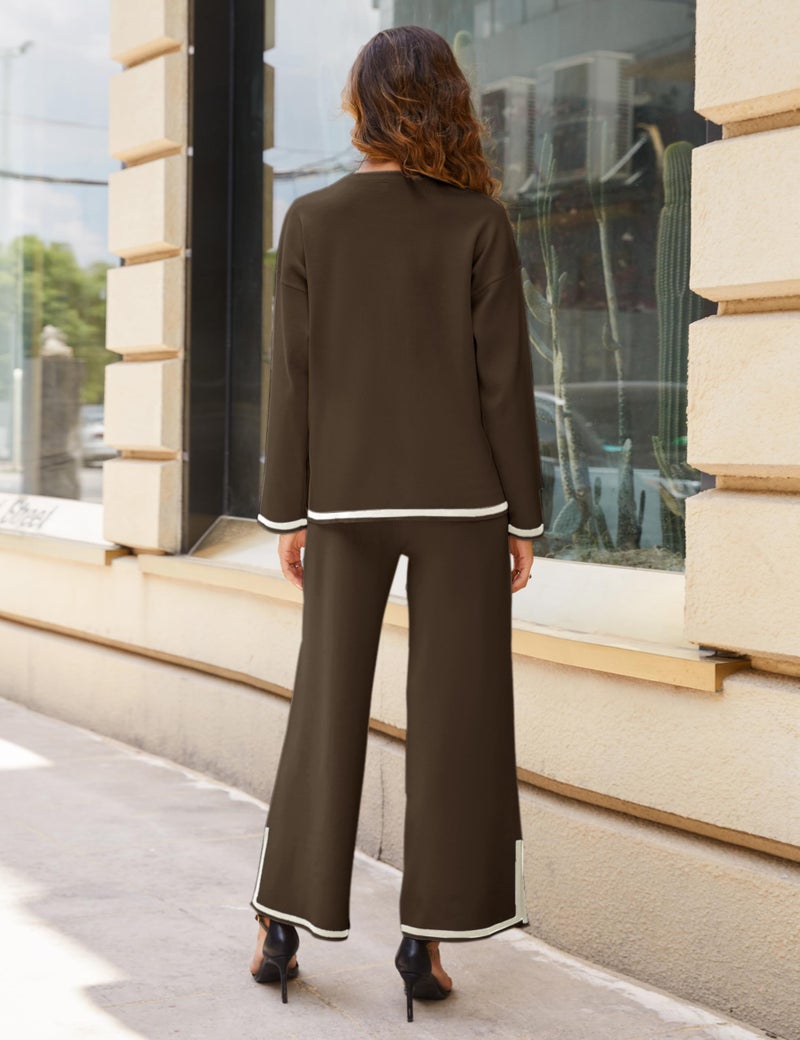 Tanming Women's 2 Piece Outfits Long Sleeve Knit Sweater Top Wide Leg Pants Lounge Sets Tracksuits(Coffee-XL) - Image 3