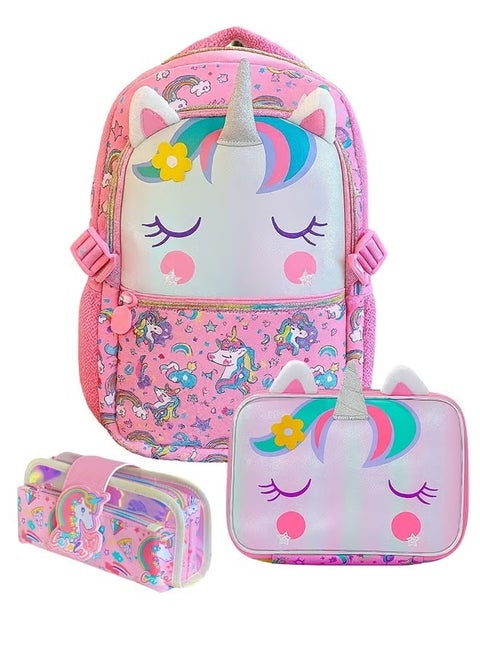 حقيبة ظهر للبنات، حقيبة مدرسية للأطفال، حقيبة مدرسة ابتدائية، طقم 3 في 1 مع حقيبة غداء ومقلمة