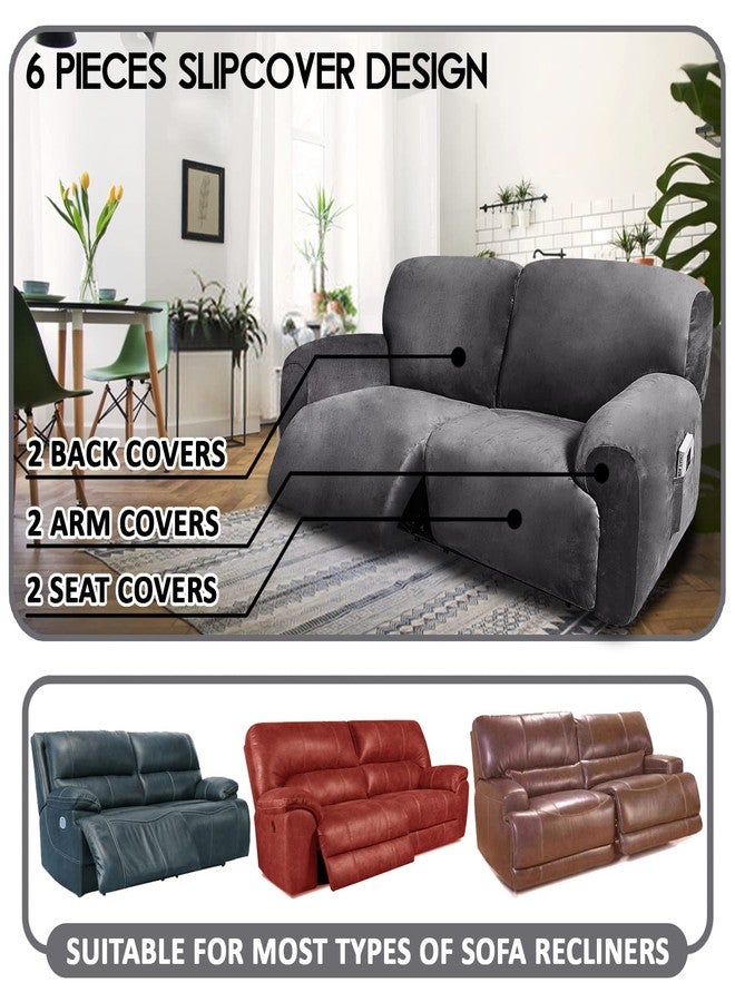 ULTICOR Extra Wide 75-100" 2 Seater Reclining Sofa Slipcover, Velvet Stretch 6-Piece, Soft Washable (Dark Grey) - Image 2