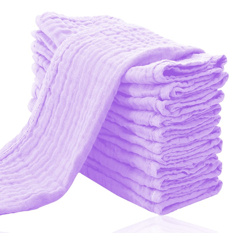 Cute Castle 12 Pack Muslin Burp Cloths for Baby - Ultra-Soft 100% Cotton Baby Washcloths - Large 20'' by 10'' Super Absorbent Milk Spit Up Rags - Burpy Cloths for Unisex, Boy, Girl - Purple - Image 1
