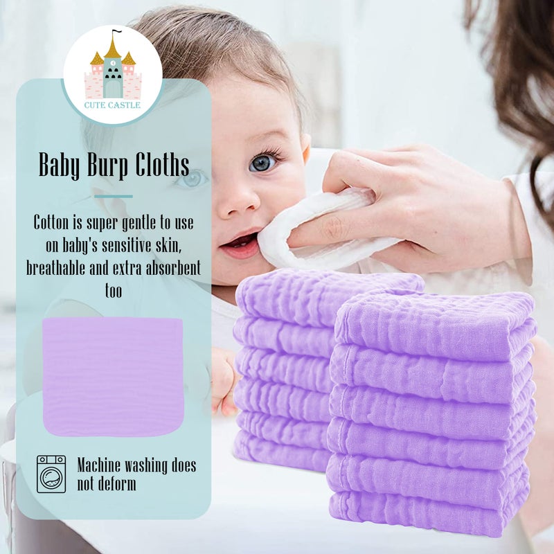 Cute Castle 12 Pack Muslin Burp Cloths for Baby - Ultra-Soft 100% Cotton Baby Washcloths - Large 20'' by 10'' Super Absorbent Milk Spit Up Rags - Burpy Cloths for Unisex, Boy, Girl - Purple - Image 3