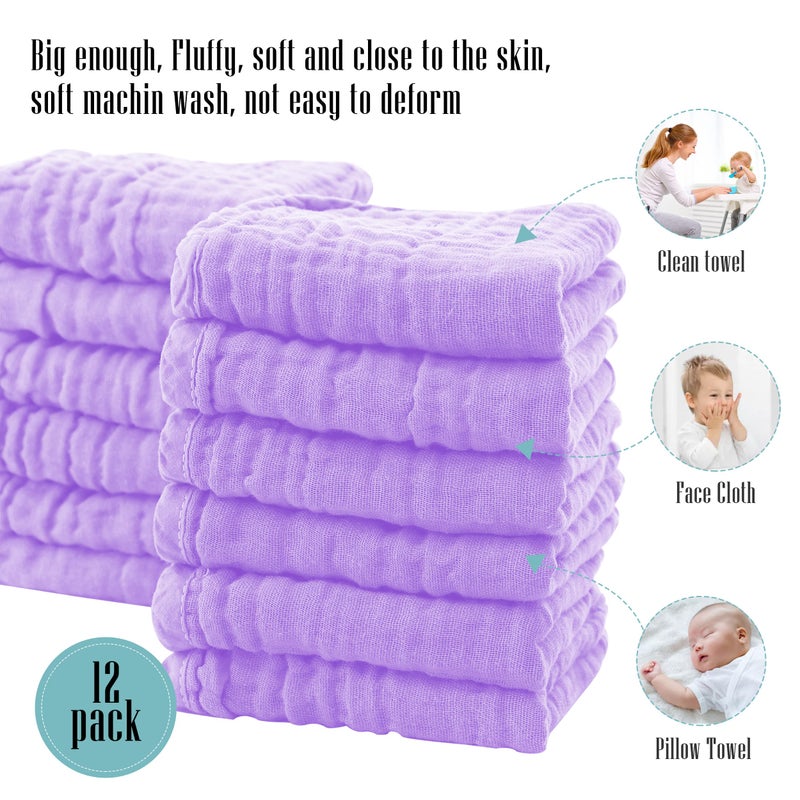 Cute Castle 12 Pack Muslin Burp Cloths for Baby - Ultra-Soft 100% Cotton Baby Washcloths - Large 20'' by 10'' Super Absorbent Milk Spit Up Rags - Burpy Cloths for Unisex, Boy, Girl - Purple - Image 5