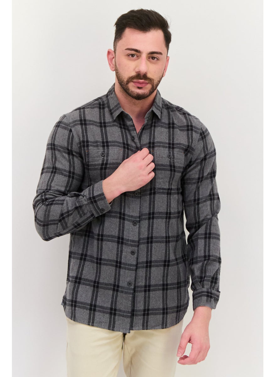 TRUE GRIT - Men Regular Fit Plaid Long Sleeves Casual Shirt, Grey - Image 1