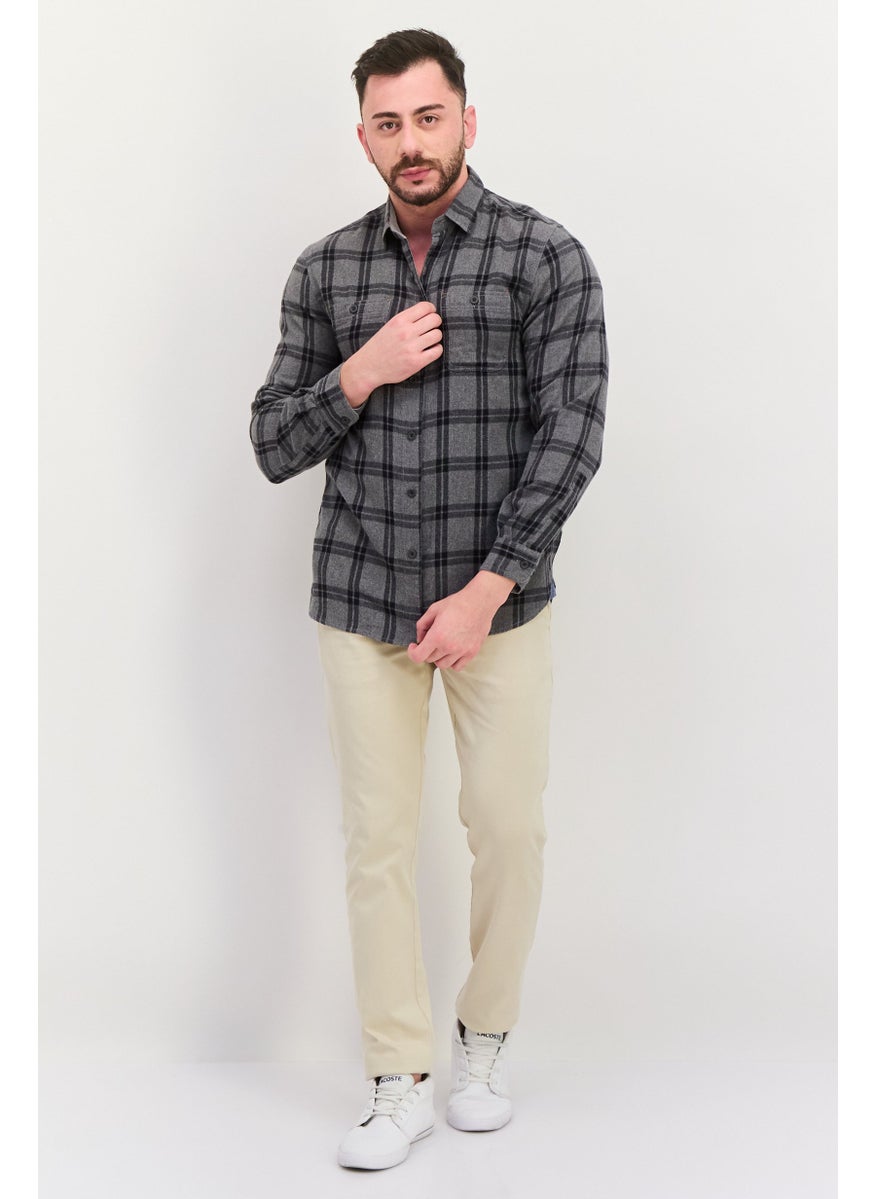TRUE GRIT - Men Regular Fit Plaid Long Sleeves Casual Shirt, Grey - Image 1