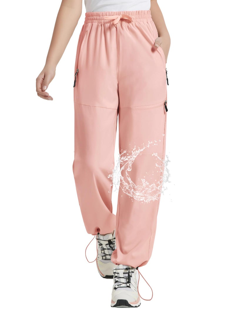 EXARUS Girls Hiking Pants Joggers Kids Quick Dry Waterproof Cargo Athletic High Waisted Lightweight Zip Pockets Dusty Pink 8Y