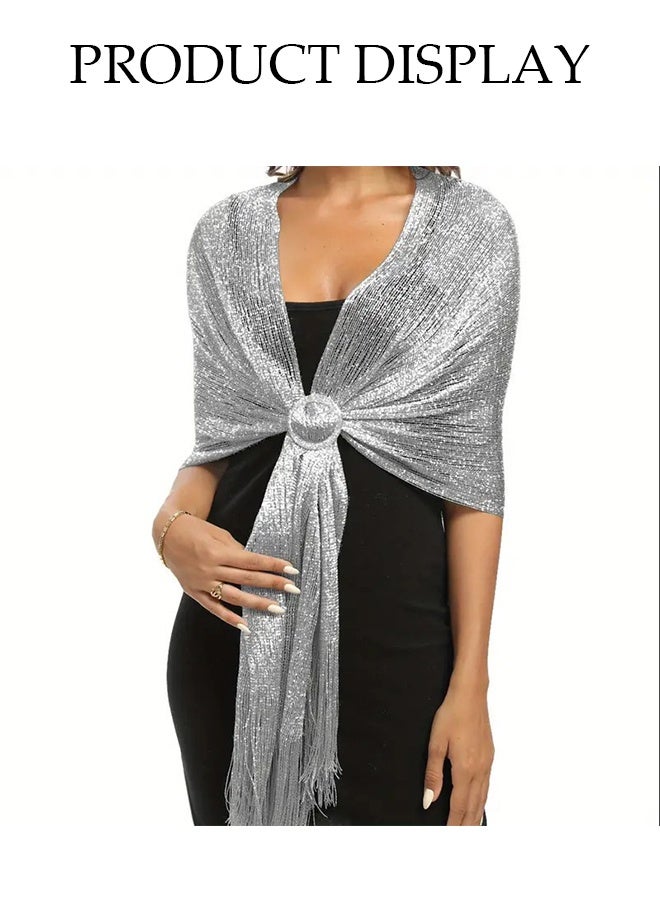 DUNISO 5 Piece Clutch Bag Rhinestone Jewelry Set, Sparkling Rhinestone Necklace Earrings Bracelet Tassel Shawl Evening Bag Purse Set for Women Dinner Date Wedding, Silver - Image 5