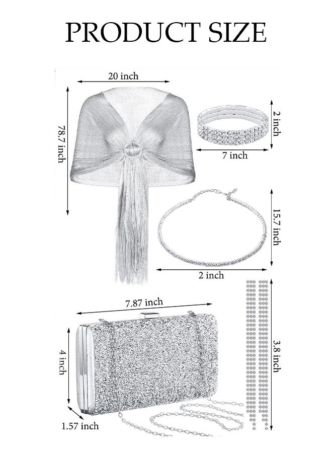 DUNISO 5 Piece Clutch Bag Rhinestone Jewelry Set, Sparkling Rhinestone Necklace Earrings Bracelet Tassel Shawl Evening Bag Purse Set for Women Dinner Date Wedding, Silver - Image 2