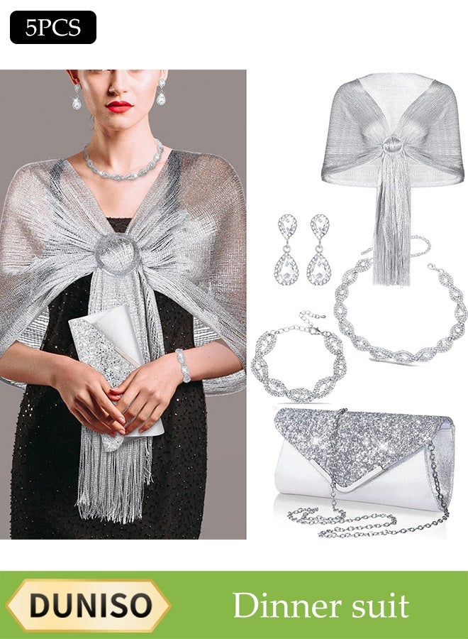 DUNISO 5 Piece Clutch Bag Rhinestone Jewelry Set, Sparkling Rhinestone Necklace Earrings Bracelet Tassel Shawl Evening Bag Purse Set for Women Dinner Date Wedding, Silver - Image 1