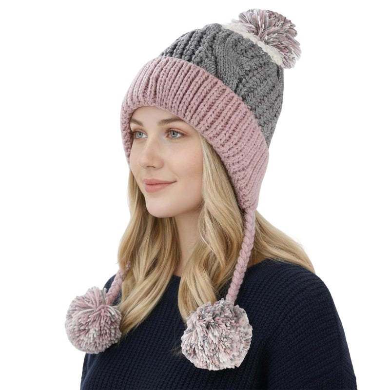 HUAMULAN Women Winter Sherpa Beanie Hats Knit Ear Flaps Peruvian Cover Ears Warm Fleece Lined Ski Snow Hat 3 Pompom - Image 1