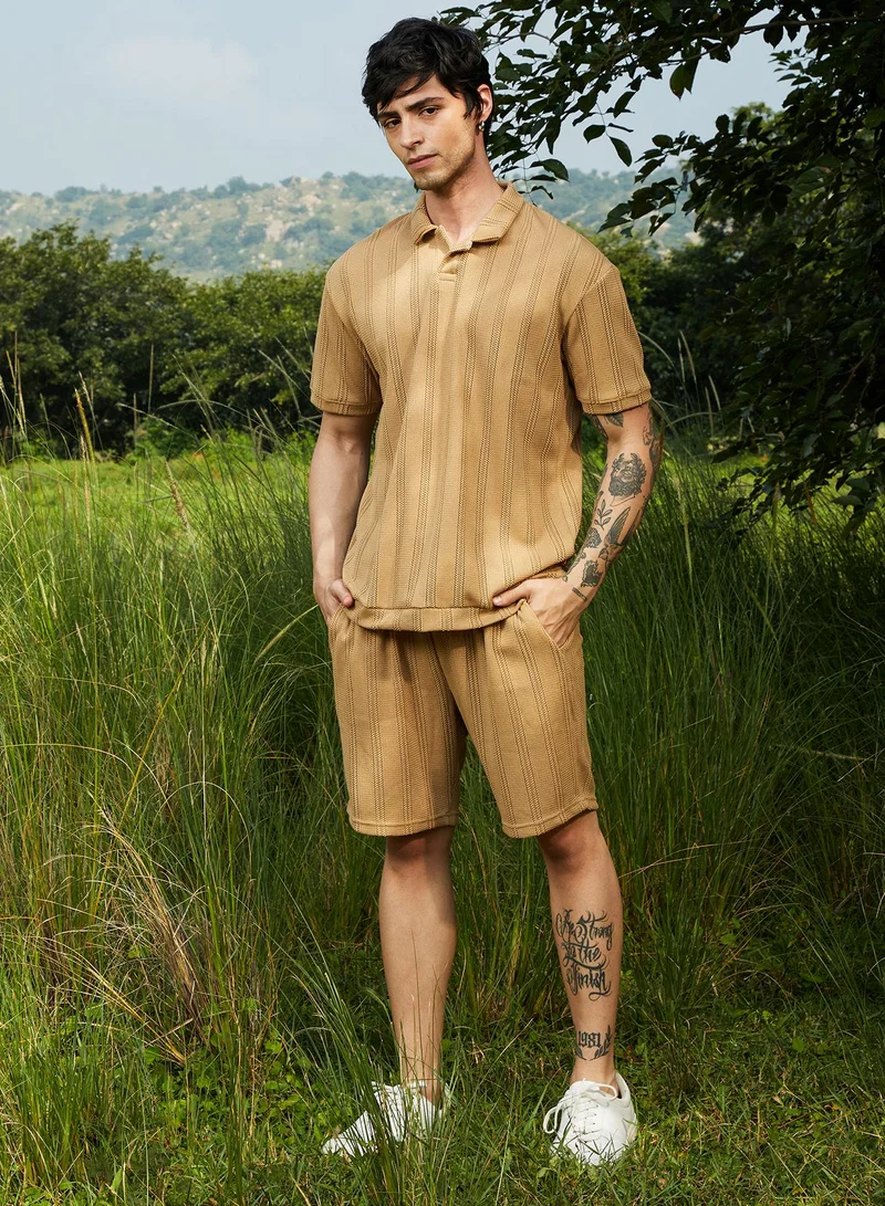 Campus Sutra Campus Sutra Men's Buff Beige Stripe-Knit Co-Ord Set For Casual Wear | Polo Neck | Short Sleeve | Pull On Closure | Co-Ords Crafted With Comfort Fit For Everyday Wear