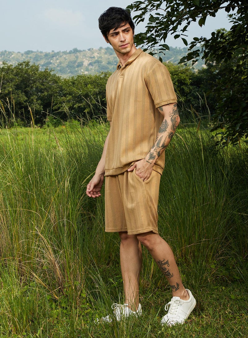 Campus Sutra Campus Sutra Men's Buff Beige Stripe-Knit Co-Ord Set For Casual Wear | Polo Neck | Short Sleeve | Pull On Closure | Co-Ords Crafted With Comfort Fit For Everyday Wear  - Image 2