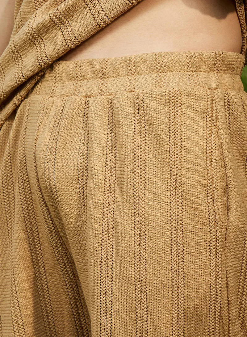 Campus Sutra Campus Sutra Men's Buff Beige Stripe-Knit Co-Ord Set For Casual Wear | Polo Neck | Short Sleeve | Pull On Closure | Co-Ords Crafted With Comfort Fit For Everyday Wear