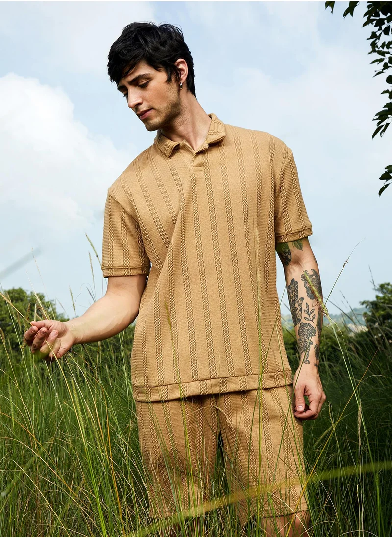 Campus Sutra Campus Sutra Men's Buff Beige Stripe-Knit Co-Ord Set For Casual Wear | Polo Neck | Short Sleeve | Pull On Closure | Co-Ords Crafted With Comfort Fit For Everyday Wear