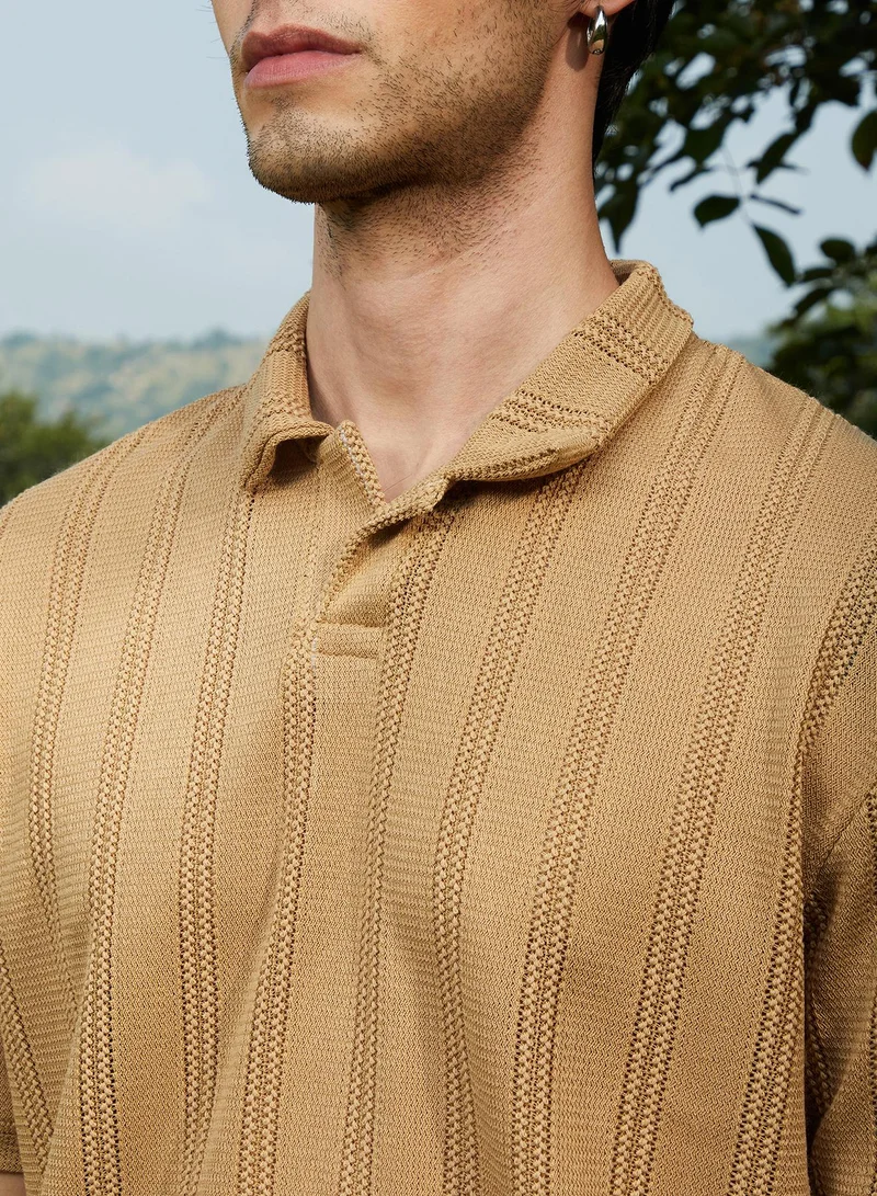 Campus Sutra Campus Sutra Men's Buff Beige Stripe-Knit Co-Ord Set For Casual Wear | Polo Neck | Short Sleeve | Pull On Closure | Co-Ords Crafted With Comfort Fit For Everyday Wear