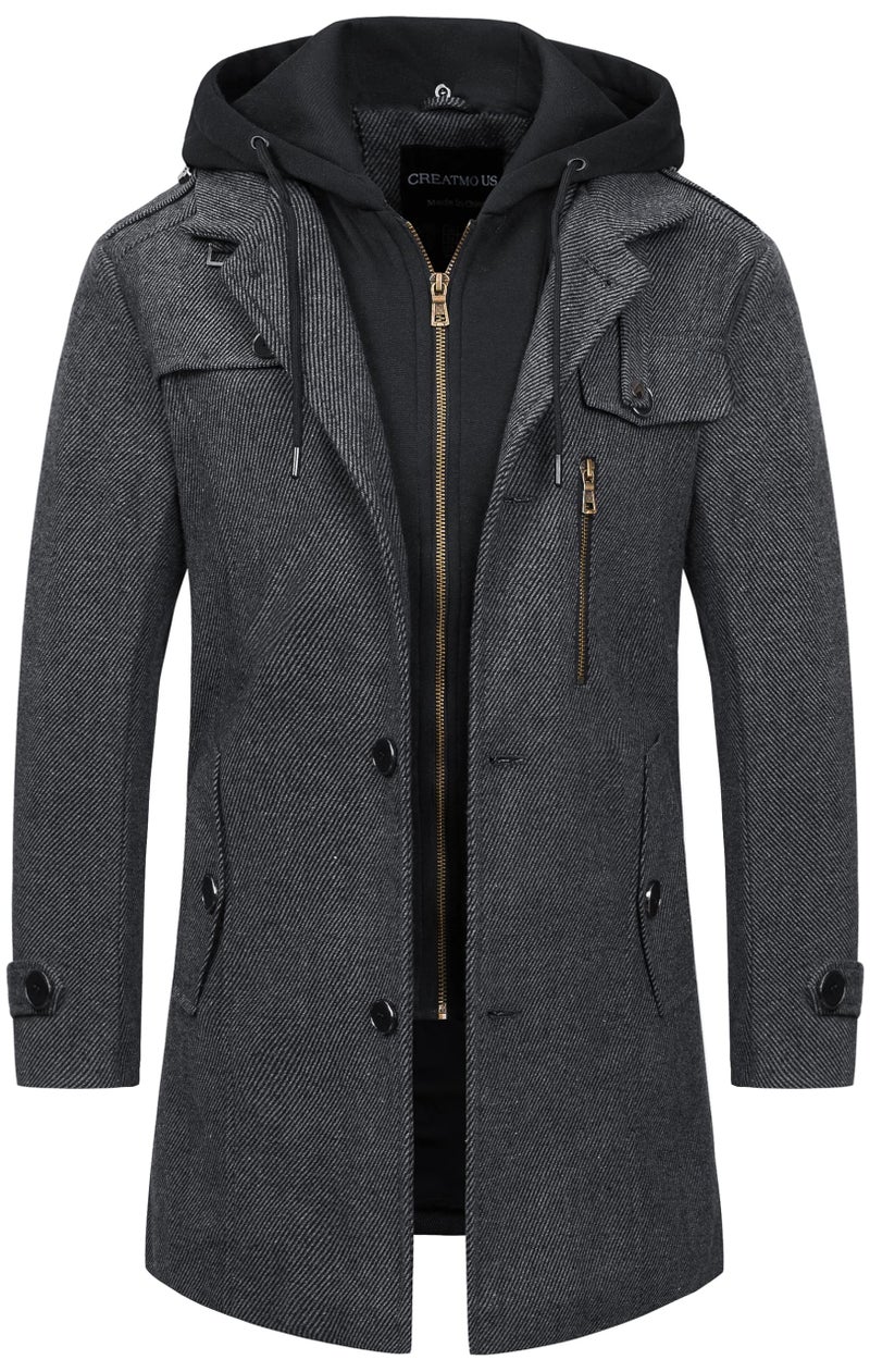CREATMO US Men's Overcoat Anti-Wrinkle Wool Blend Trench Coat Slim Fit Single Breasted Winter Pea Coat With Hood Dark Grey M - Image 1