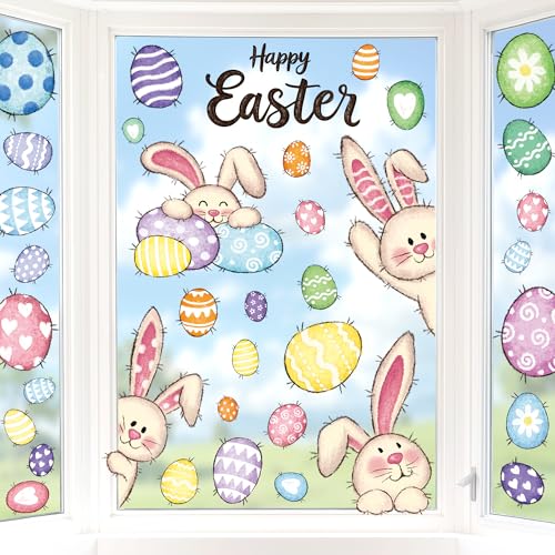 Traplace 37 PCS Easter Decor, 4 Sheets Easter Window Clings, 9.84 x 13.78 Inch Spring Decorations with Bunnies Eggs Designs, Double-Sided Bunny Stickers for Window Glass Home Office Spring Party Decor - Image 2