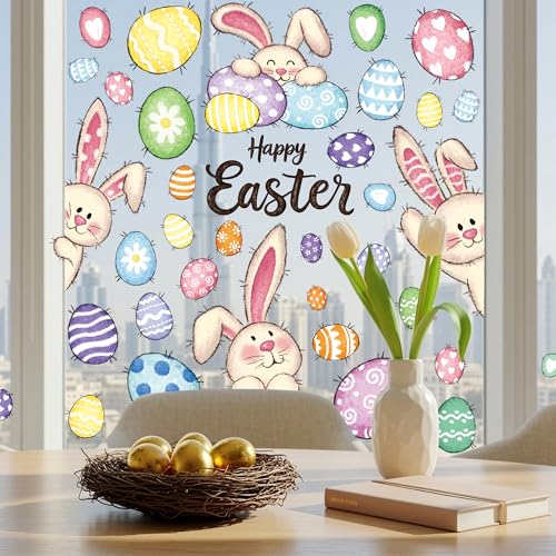 Traplace 37 PCS Easter Decor, 4 Sheets Easter Window Clings, 9.84 x 13.78 Inch Spring Decorations with Bunnies Eggs Designs, Double-Sided Bunny Stickers for Window Glass Home Office Spring Party Decor - Image 1