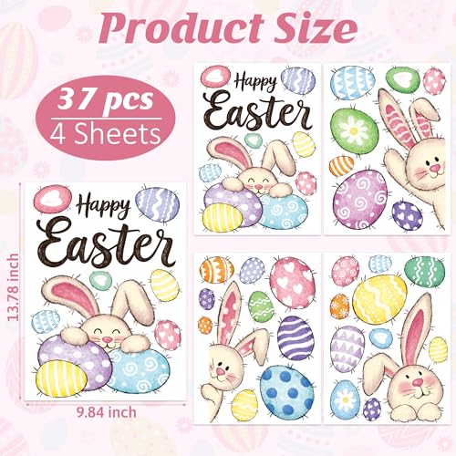 Traplace 37 PCS Easter Decor, 4 Sheets Easter Window Clings, 9.84 x 13.78 Inch Spring Decorations with Bunnies Eggs Designs, Double-Sided Bunny Stickers for Window Glass Home Office Spring Party Decor - Image 3