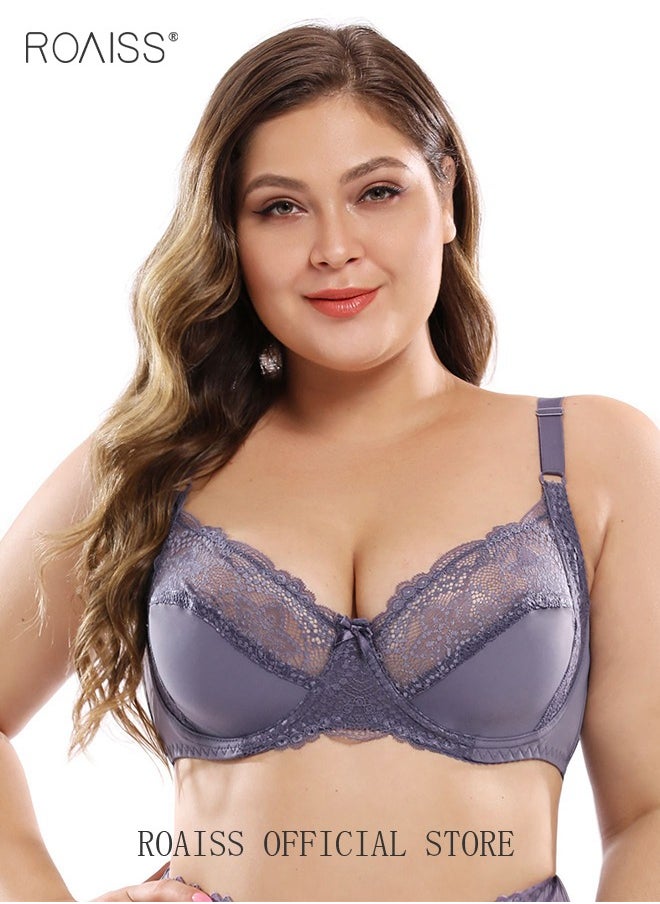 roaiss - Plus Size Women's Lace Bra Push Up Daily Underwire Ultra Thin Three-Quarter Cup Bras Leisure Comfort Soft Breathable Underwear See-Through Lingerie - Image 1