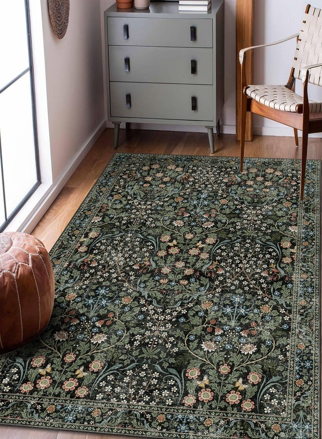 MUJOO 3x5 Rug Washable,Floral Area Rug for Bedroom Office Entryway Living Room Bedside,Small Throw Carpet Boho Non Slip Indoor Floor Botanical Vintage Ultra-Thin Black and Green - Image 3