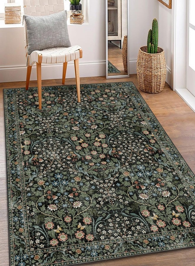 MUJOO 3x5 Rug Washable,Floral Area Rug for Bedroom Office Entryway Living Room Bedside,Small Throw Carpet Boho Non Slip Indoor Floor Botanical Vintage Ultra-Thin Black and Green - Image 1