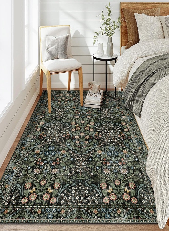 MUJOO 3x5 Rug Washable,Floral Area Rug for Bedroom Office Entryway Living Room Bedside,Small Throw Carpet Boho Non Slip Indoor Floor Botanical Vintage Ultra-Thin Black and Green - Image 2
