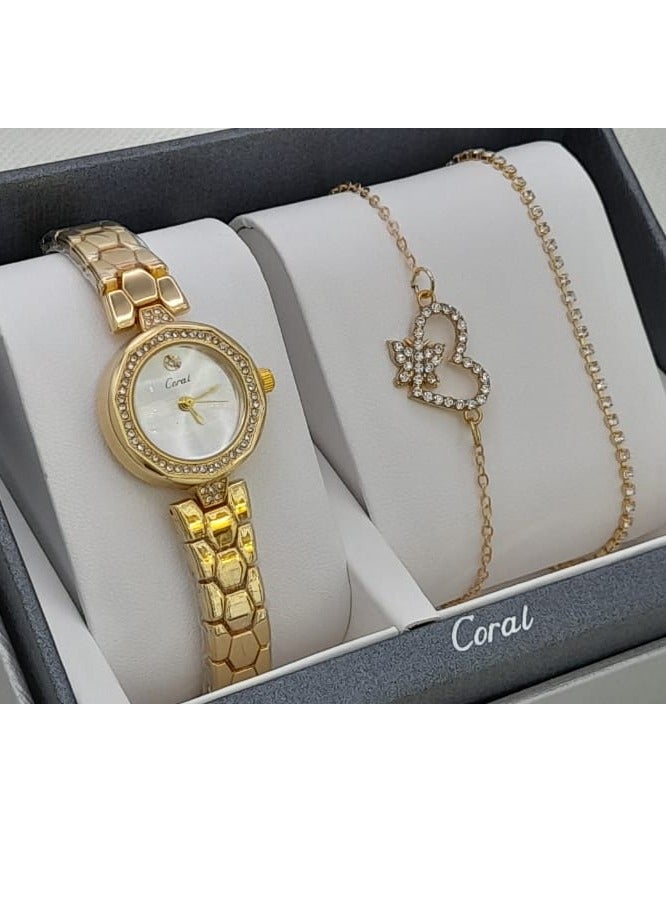 كورال طقم ساعة نسائي ماركة كورال بتصميم انيق مكون من -ساعة - -مع مجموعة اساور