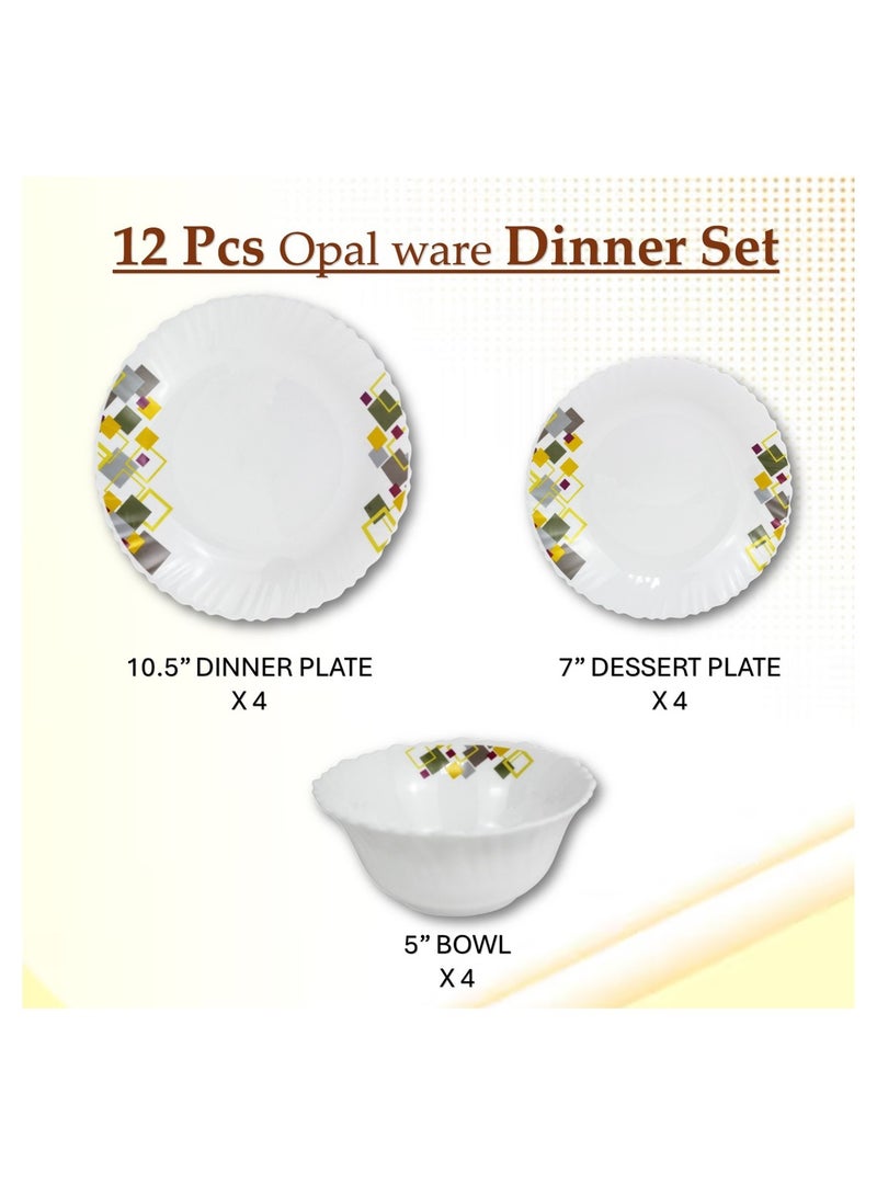Melrich Melrich 12 Pcs Opal ware Dinnerware set 4 x Dinner plate 4 x Dessert Plates 4 x Bowls Dishwasher Microwave safe Scratch Resistant - Image 2